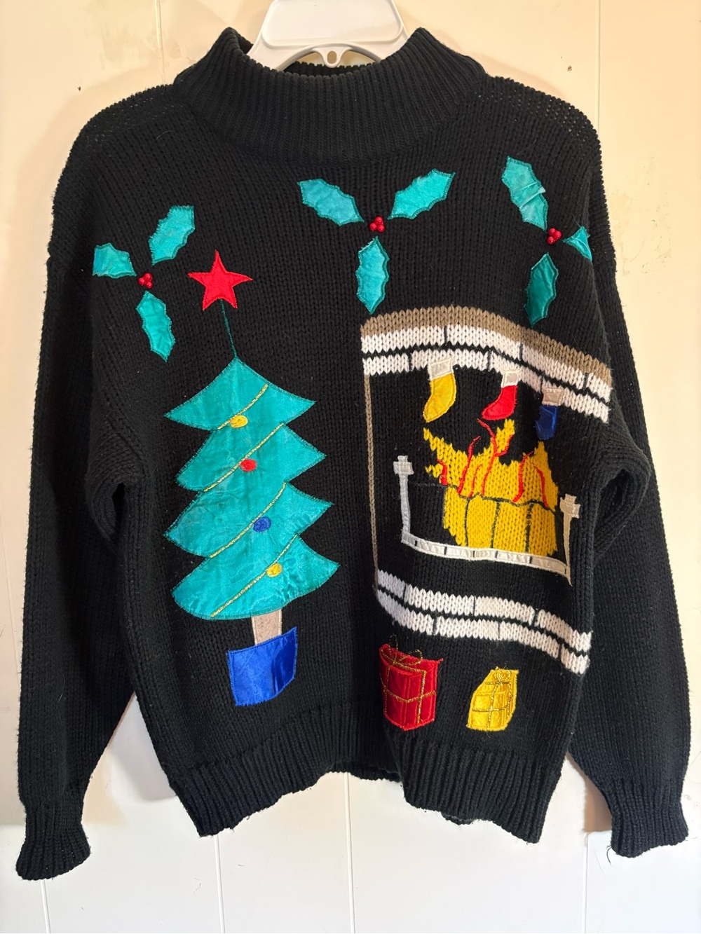 Vintage 80s Ugly Christmas Sweater Large Black Tree Presents Holiday Teacher Y2K